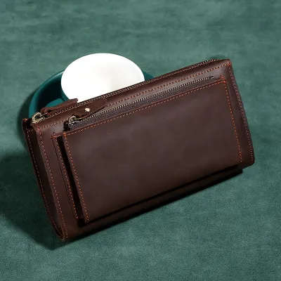 Genuine Leather Crazy Horse Clutch Bag – Large Capacity Hand-Held Mobile Wallet
